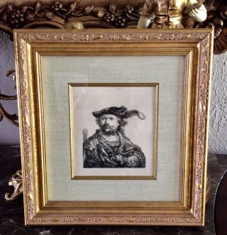 Antique Etching After Rembrandt Van Rijn Self Portrait Plate Signed Framed Art