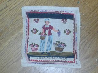 Delightful Antique Woolwork Sampler At Least 100 Years Old Named