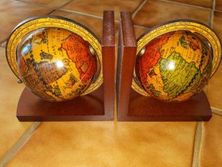 Vintage Wooden Old World Rotating Globe Map Book Ends Made In Italy