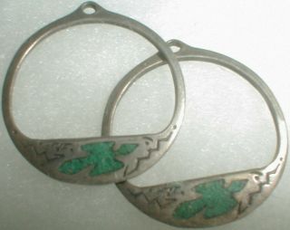 Navajo Vintage Silver Inlay Phoenix Bird Stamp Round Earrings Enhancer Set