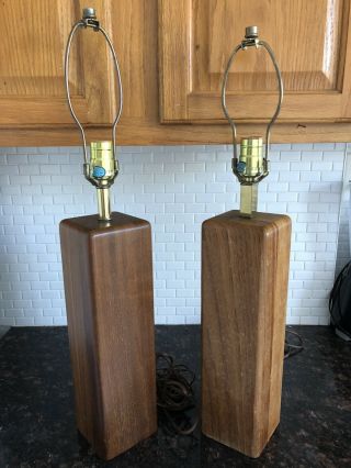 Mid - Century Solid Teak And Brass Lamp