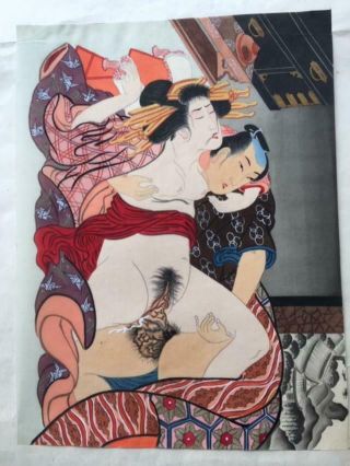 Shunga,  6 Japanese Wood Block Prints on silk,  8x10 1/2 
