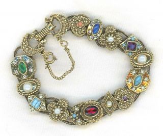 Vintage Victorian Slide Bracelet Gold Rhinestones & Pearls 7” Long 1950 Retro