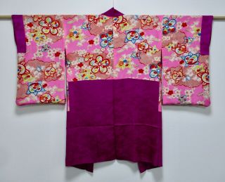 Japanese Kimono Silk Antique Long Haori / Purple / Flower / Vintage Silk /724