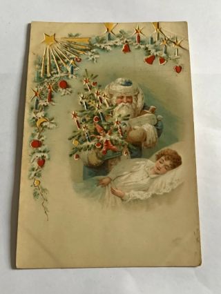 Vintage Hold To Light Christmas Postcard - Santa In Blue - Sleeping Girl