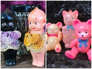 Antique Celluloid Dolls Kewpies,  Pink Teddy Bears,  Pink Squeaker Cat 3 - 4 Inches