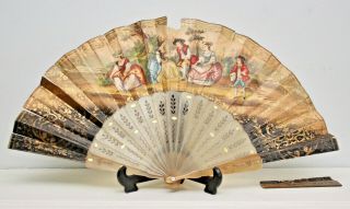 A c19th European/Chinese Paper & Horn Fan,  Hand Coloured & Gilded 2