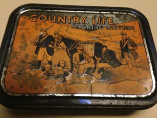 Vintage Antique Country Life Smoking Mixture Tin,  Silver,  Orange & Black,  Old
