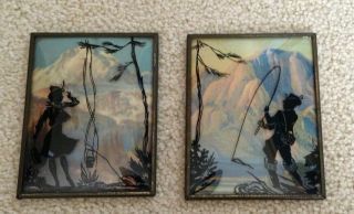 Vintage Pair Convex Bubble Glass Reverse Painted Silhouettes Pictures Fishing
