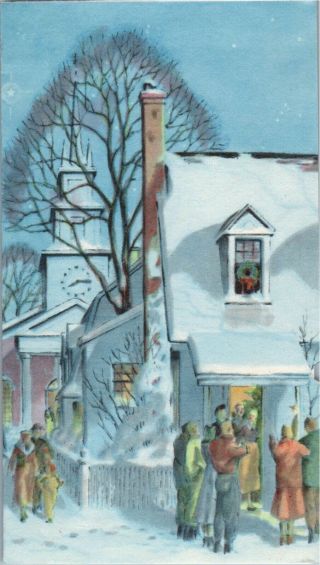 Picket Fence Home House Family Neighbors Visit Eve Vtg Christmas Greeting Card