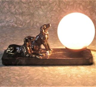 Vintage French Marble Art Deco Table Mood Lamp Bronzed Spaniel Dogs Glass Globe