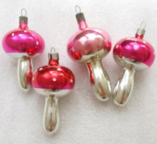 4 Vintage Russian Silver Glass Christmas Ornaments Xmas Tree Decoration Mushroom