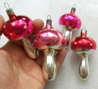 4 Vintage Russian Silver Glass Christmas Ornaments Xmas Tree Decoration Mushroom 3
