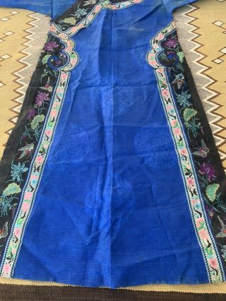 Fabulous Antique Chinese Blue Silk Informal Ladys Robe with Flower Qing Period 2