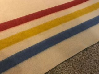 Vintage Thick Wool 3 Stripe Camp Cabin Blanket Twin 68x93 Cream Red Yellow Blue 2