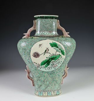 Unusual Antique Chinese Famille Verte Porcelain Vase With Peach Panels - 18c