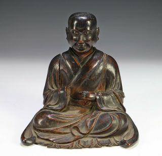 Wonderful Antique Japanese Carved Wood Statue Of Seated Figure - Edo