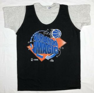 Vtg 90s Orlando Magic Nba Mens Xl Black/gray Double Layered S/s T - Shirt D6