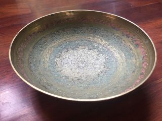 Large Antique Vintage Hand Etched Painted Brass Bowl Marked H.  H.  Made In India