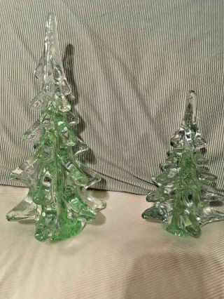 2 Vintage Christmas Tree Crystal Art Glass Hand Made Clear & Green Holiday