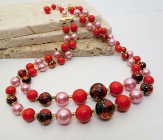 Vintage Signed Japan Layered Red Pink Black Bead Choker Necklace Nn14