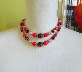 Vintage Signed Japan Layered Red Pink Black Bead Choker Necklace NN14 2