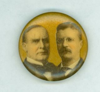 Vtg 1900 President William Mckinley Roosevelt Campaign Jugate Pinback Button Gld