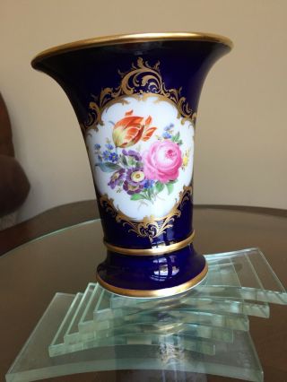 Antique Meissen Trumpet Vase,  Cobalt Blue,  Floral&gold - 5,  5” -