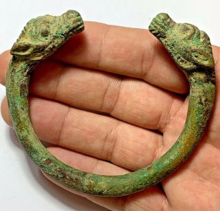 Intact Ancient Roman Bronze Bracelet With Two Animal Heads 200 Ad 89mm