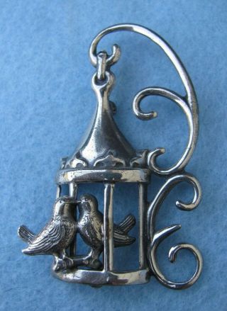 Vintage Lang Sterling Silver Love Birds In A Bird Cage Pin Brooch