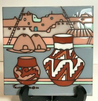 Vintage Cleo Teissedre Tile Hand Painted Native American Art Ceramic Southwest