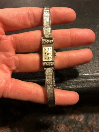 Vintage Ladies Elgin 17 Jewel 10k White Gold 8 Diamond Watch Mechanical
