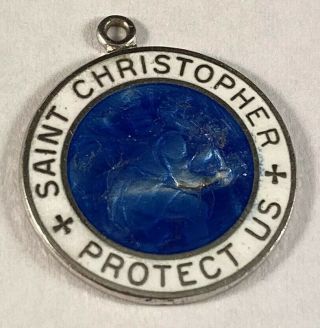 Vintage Sterling Silver Blue White Enamel St.  Christopher Protect Us Charm