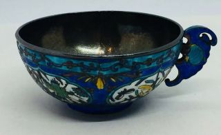 Chinese Antique Sterling Silver Ornate Blue Enamel Birds & Bamboo Leaf Tea Cup