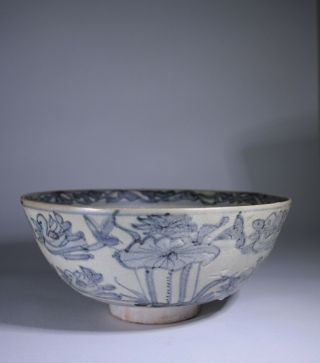 Antique Chinese Blue & White Porcelain Binh Thuan Large Crane Bowl Ming Wanli