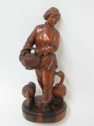 Chinese Cultural Revolution Period Wood Carved Woman Feed Geese Figure Figurine