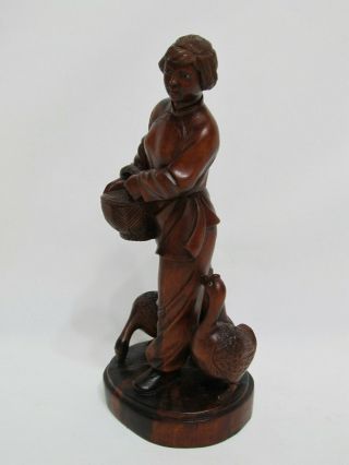 Chinese Cultural Revolution Period Wood Carved Woman Feed Geese Figure Figurine 2