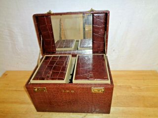 Vintage Short Trip Train Case Cosmetics Suitcase Brown Leather & Key - Usa