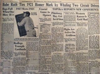1927 Vintage Newspaper Babe Ruth Ties 1921 Homer 59th Home Run Tie Yankees