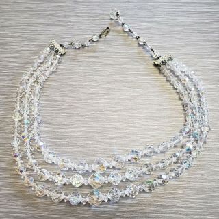 Vintage 3 - Strand Aurora Borealis Crystal Bead Necklace Faceted Glass Choker