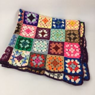 Vtg 36 " Granny Square Crochet Afghan Lap Multicolor Blanket Boho Festival Retro