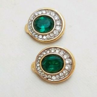 Vintage Nina Ricci Gold Tone Green Rhinestone Clip - On Earrings