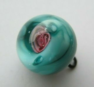 Enchanting Antique Vtg Glass Paperweight Button Turquoise W/ Pink Rose 1/2 " (t)