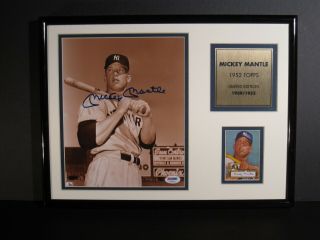 Mickey Mantle Signed Autographed Framed Plaque 8x10 Photo W/52 Topps Rp Card Psa