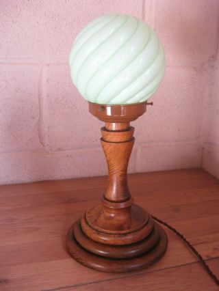 Vintage Odeon Table Lamp Solid Oak And Lime Green Glass Globe Art Deco