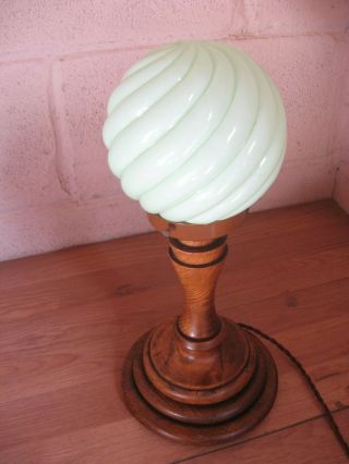 Vintage Odeon Table Lamp Solid Oak and Lime Green Glass Globe Art Deco 2