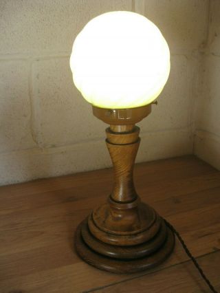 Vintage Odeon Table Lamp Solid Oak and Lime Green Glass Globe Art Deco 3