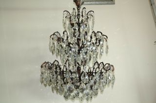 Antique Vintage French Huge Spider Cage Crystal Chandelier Brass Ceiling Lamp