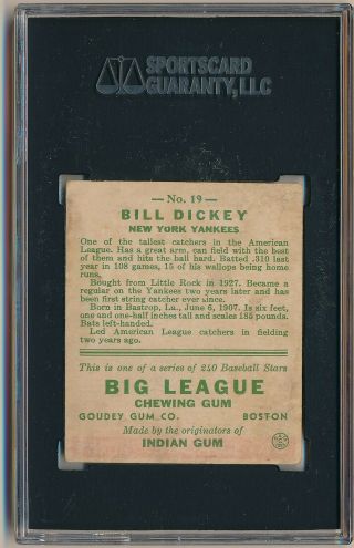 BILL DICKEY 1933 Goudey Gum 19 SGC 30 2 GD YORK YANKEES HOF Prewar Vintage 2