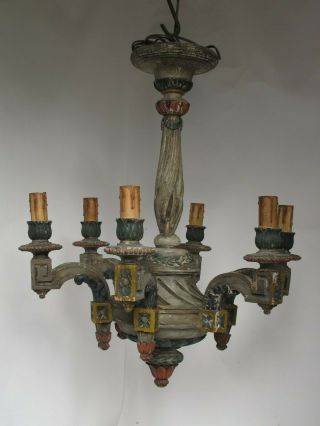 Antique 6 Arm Carved Wood With Great Old Paint Chandelier